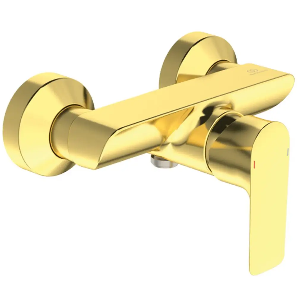 Brausearmatur in goldener Farbe von Ideal Standard, mit einem modernen Design und einem seitlichen Hebel zur Regulierung von Wasserfluss und Temperatur.